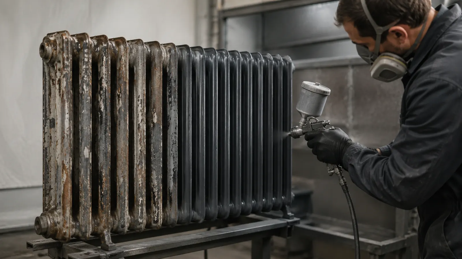 Mise en peinture d’un radiateur en atelier